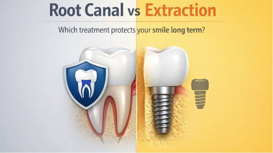 Split dental illustration comparing root canal and tooth extraction with implant; left
side shows intact tooth with shield icon, right side shows dental implant screw on
yellow background, highlighting long-term treatment options.